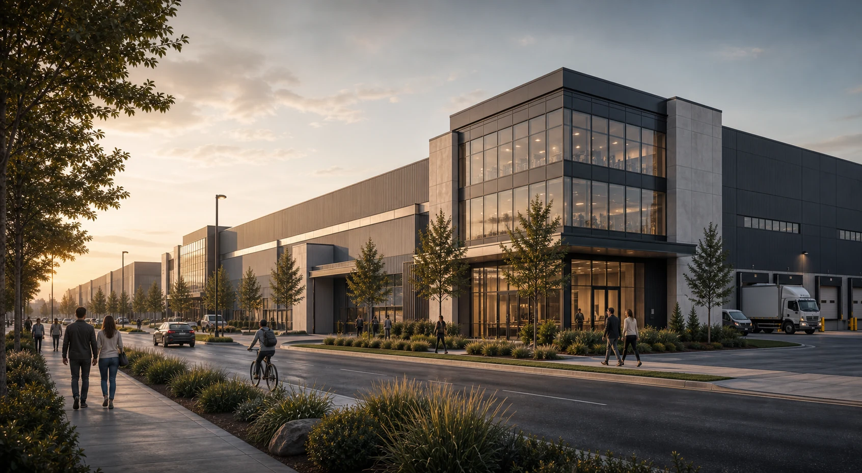 High-end industrial development rendering with landscaped frontage, pedestrians and cyclist along a buffered street