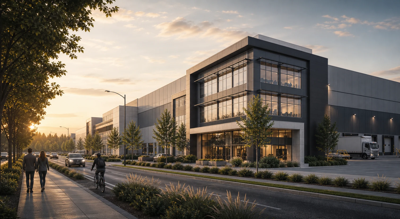 High-end industrial development rendering with landscaped frontage, buffered sidewalk and cyclist on the paved bike lane